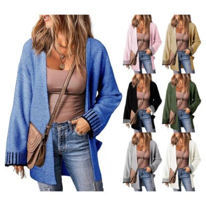 Long Sleeve Color Stitching Knitted Cardigan Pocket Women's Clothing - Image 6