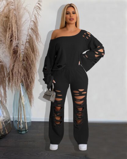 Women's Ripped Loose Sweater Two-piece Suit - Image 5