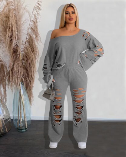 Women's Ripped Loose Sweater Two-piece Suit - Image 3
