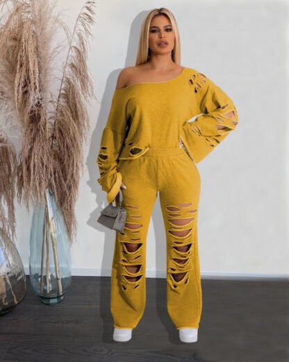 Women's Ripped Loose Sweater Two-piece Suit - Image 6
