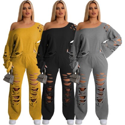 Women's Ripped Loose Sweater Two-piece Suit - Image 2